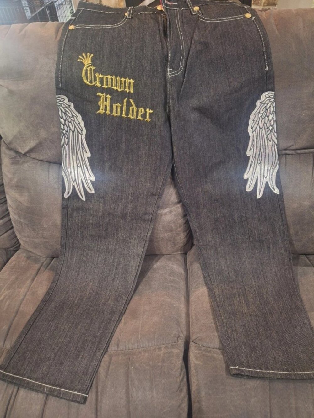 Vintage Crown Holder Jeans 36x32 Silver Wings Embroidered Baggy Y2K Hip Hop